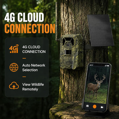 MagicEagle® Cellular Trail Camera 4G Wild Game Cameras 13,000 mAh Battery Solar Panel 2K Audible Video No-Glow IR Night Vision IP66 Waterproof for Wildlife Deer Monitoring Home Security (Army Green)