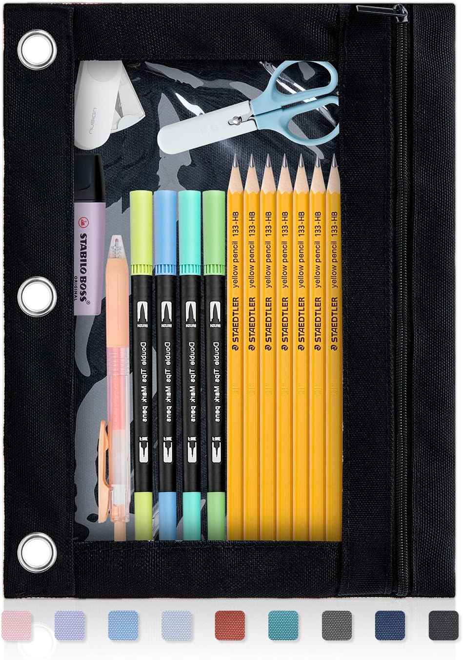 Binder Pencil Pouch for 3 Ring Binder, Clear Pencil Case Box Bag with Zipper, Aesthetic Pen Organizer for School Supplies, Back to School for Girls Boys Kids, 1 Pack, Black