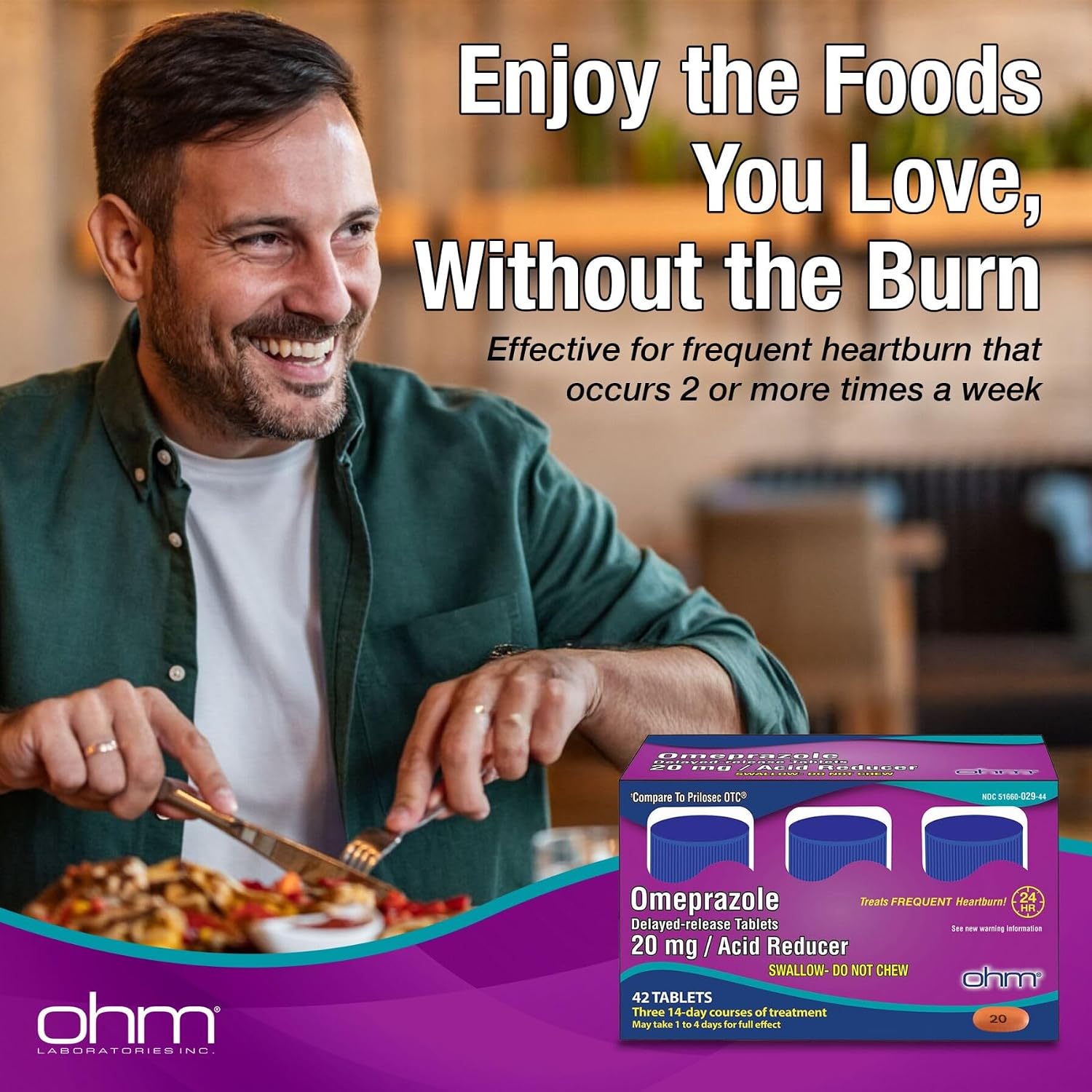 Ohm Omeprazole 20mg, 42 Delayed-Release Tablets, Acid Reducer for Frequent Heartburn, 24-Hour Relief Heartburn Medicine, Helps Relieve Stomach & Chest Discomfort (6 Weeks of Supply, 42, Count)