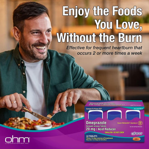 Ohm Omeprazole 20mg, 42 Delayed-Release Tablets, Acid Reducer for Frequent Heartburn, 24-Hour Relief Heartburn Medicine, Helps Relieve Stomach & Chest Discomfort (6 Weeks of Supply, 42, Count)