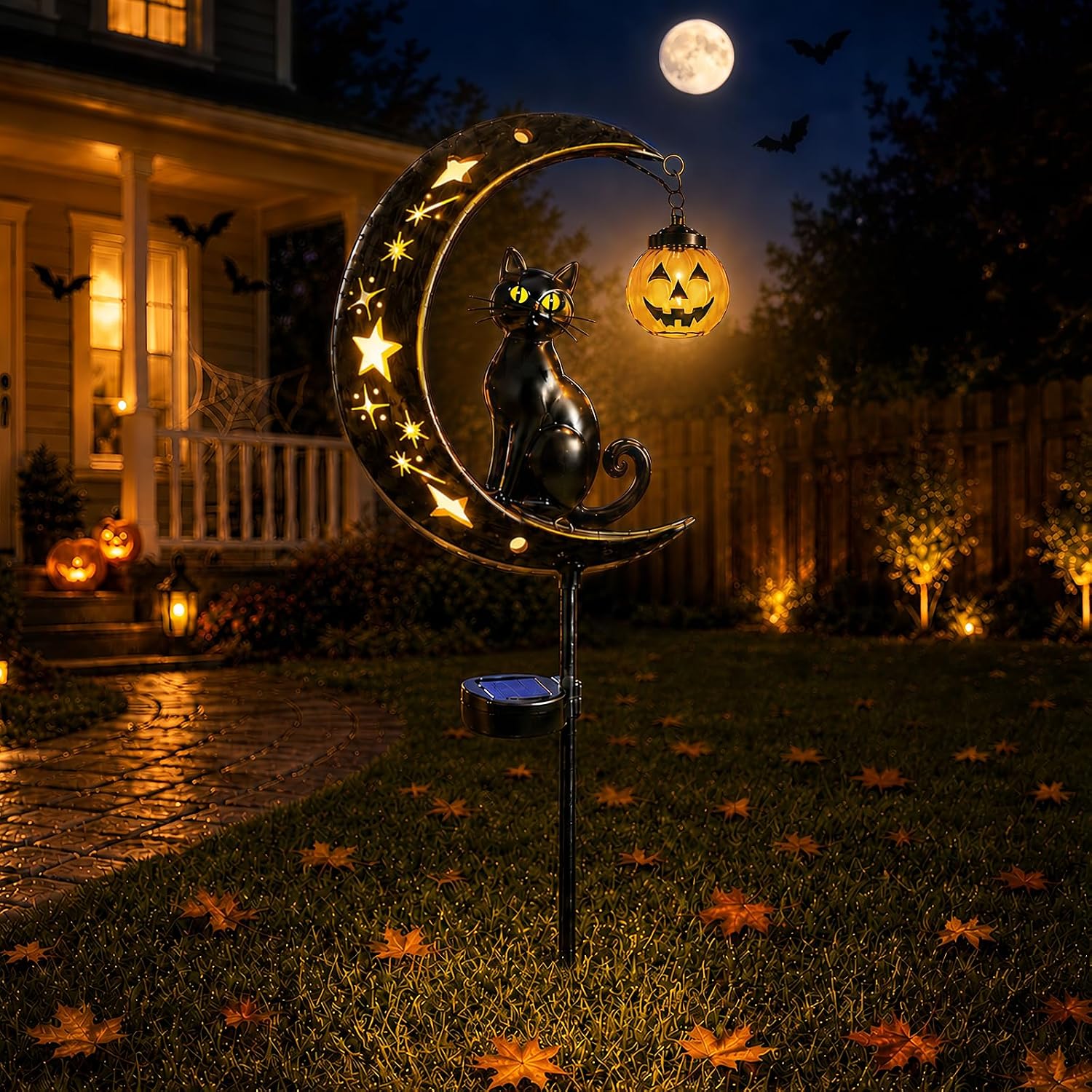 Solar Halloween Black Cat Moon Light, Outdoor Garden Stake Light with Pumpkin Lantern, Weather Resistant Yard Decorations for Patio Pathway Lawn Backyard, Halloween Decor Gifts