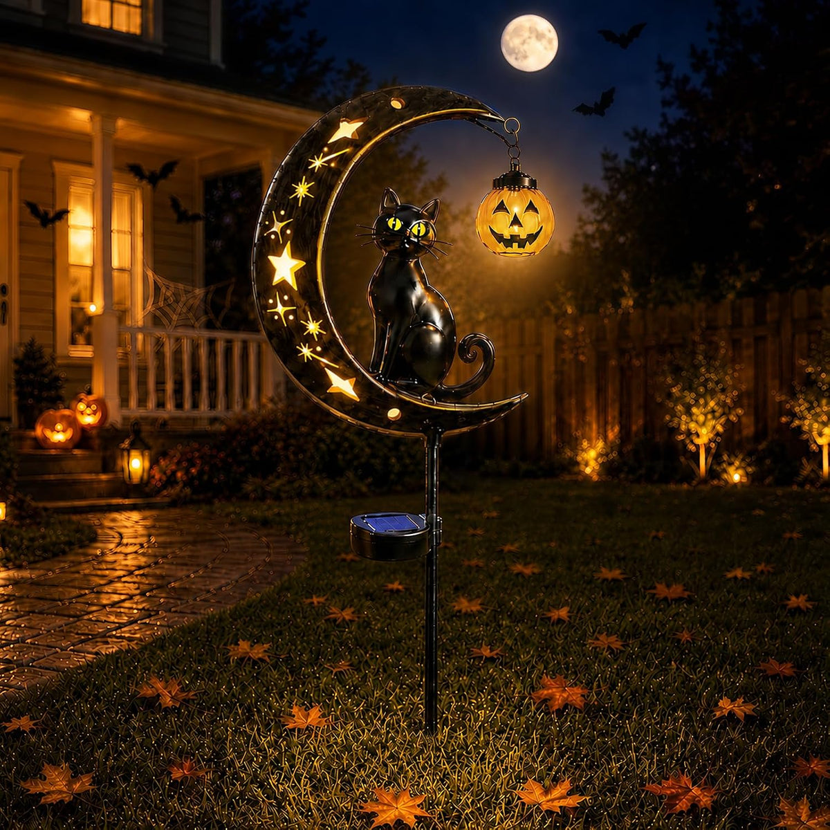 Solar Halloween Black Cat Moon Light, Outdoor Garden Stake Light with Pumpkin Lantern, Weather Resistant Yard Decorations for Patio Pathway Lawn Backyard, Halloween Decor Gifts