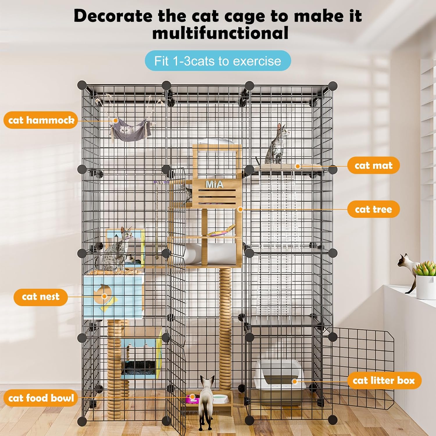 PAWING Cat Large Enclosure - DIY Catio Ideal for 1-3 Cats, Indoor & Outdoor, Detachable Metal Wire Kennel, 2x3x4 Exercise Place