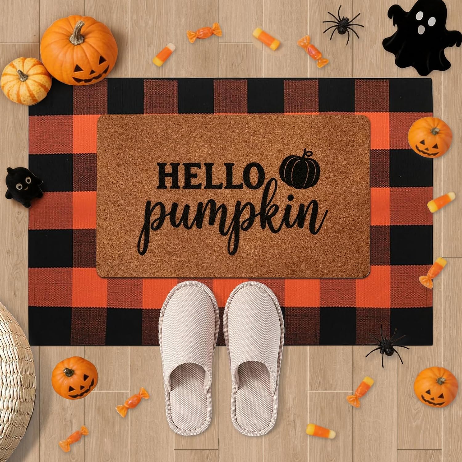 2 Pack Halloween Door Mat Set, Pumpkin Coir Mat & Orange Black Plaid Mat