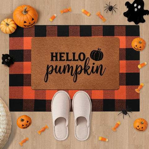 2 Pack Halloween Door Mat Set, Pumpkin Coir Mat & Orange Black Plaid Mat