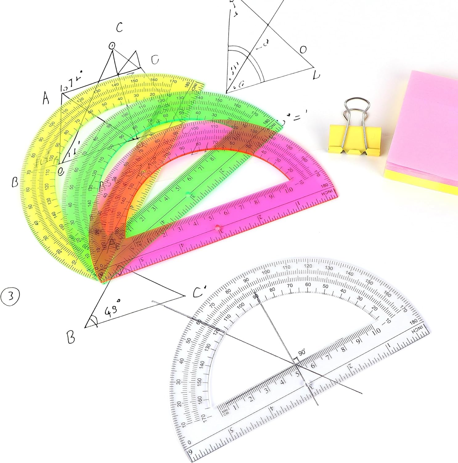 Unjoo Plastic Protractor 6 Inch Math Protractors 180 Degrees, 2 Pack (Pink)