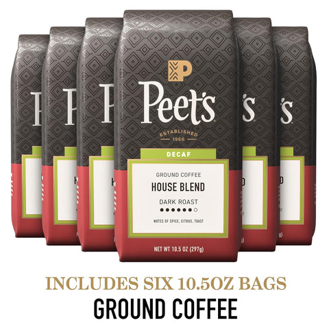 Peet's Coffee, Dark Roast Ground Coffee, Decaffeinated Arabica Coffee - Decaf House Blend 63 Ounces (6 Bags of 10.5 Ounces)