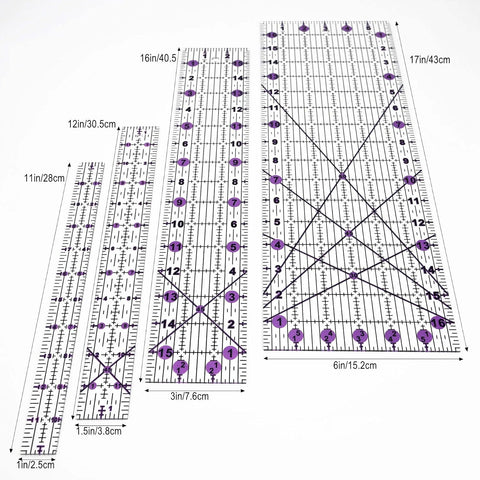 Quilting Rulers Sewing Ruler,Acrylic Quilting Ruler Templates,Precision Cutting Tools for Patchwork Fabric,Sewing Supplies Purple(6"X17",3"X16",1.5"X12",1"X11")