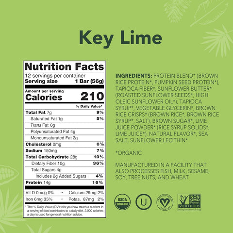 ALOHA Organic Plant Based Protein Bars - Key Lime - 12 Bars, Vegan, Low Sugar, Gluten-Free, GLP-1 Friendly, Low Carb, Non-GMO, No Stevia, No Erythritol