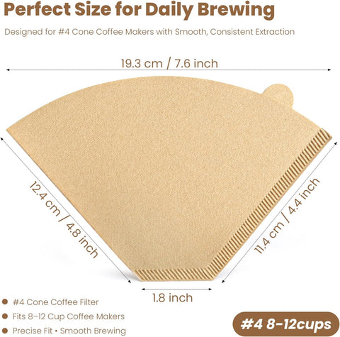 200 Count #4 Cone Coffee Filters, Unbleached Natural Paper Coffee Filters for 8–12 Cup Coffee Makers, Disposable #4 Cone Filters Compatible with Ninja Cuisinart, Drip Coffee Maker & Pour Over Brewers