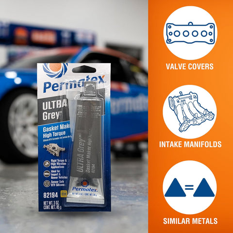 Permatex 82194 Ultra Grey Rigid High-Torque RTV Silicone Gasket Maker, 3.0 oz.