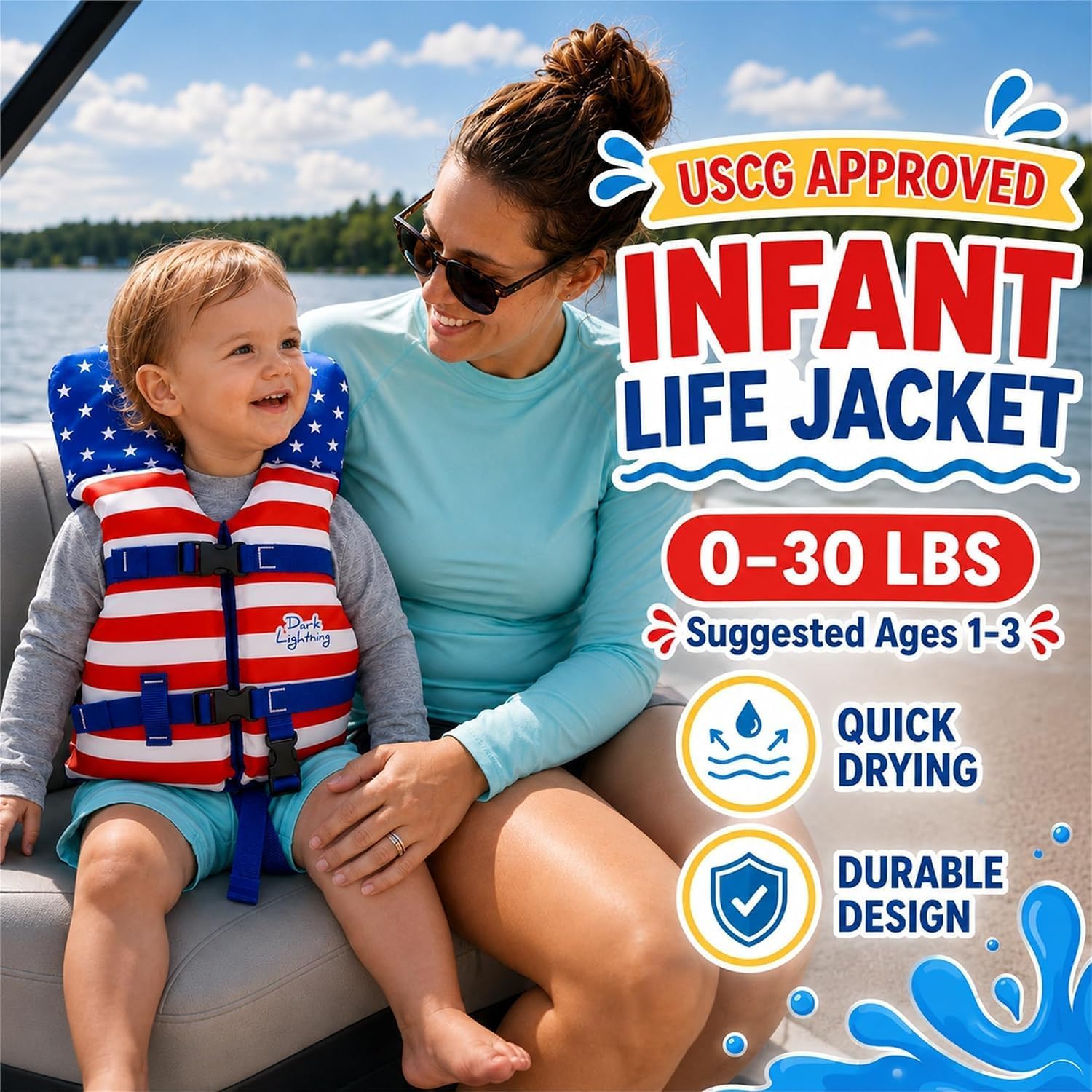Dark Lightning USCG Approved Infant Life Jacket 0-30 lbs, Toddler Swim Vest and Baby Life Vest for 1-3 Years, 20-30 lbs, Headrest, Leg Strap and Grab Handle