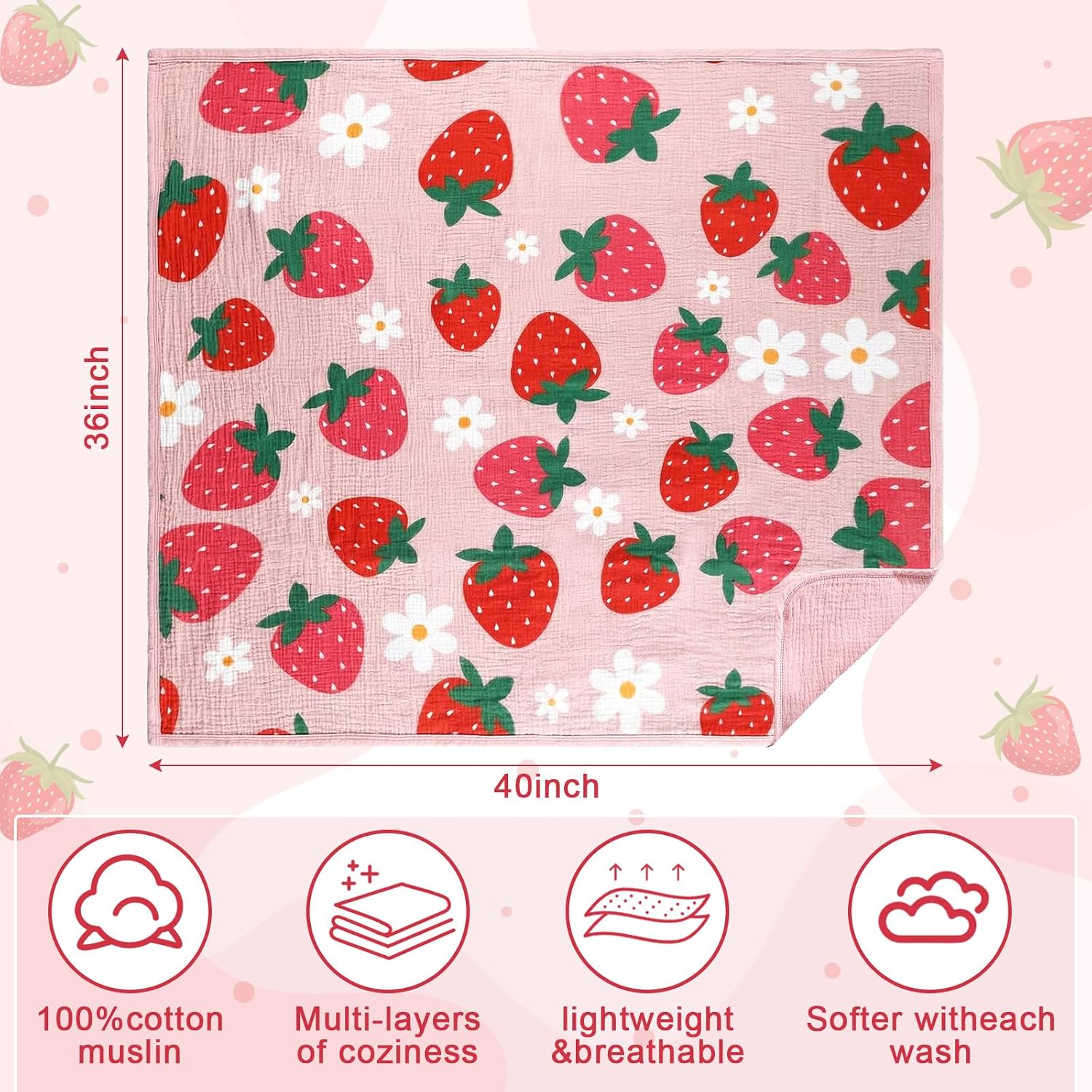 Breling Pink Strawberry Muslin Baby Blanket for Girl Boy 40x36 Inch