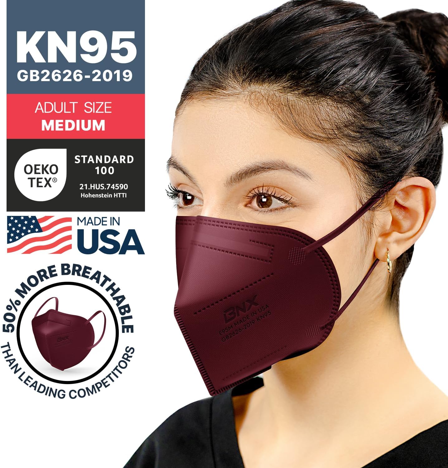 AccuMed BNX KN95 Face Masks Made in USA (Adult Large, Adult Medium, Kids Small) (Earloop) (Model: E95/E95M/E95S)