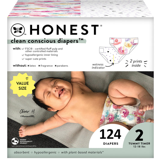 The Honest Company Clean Conscious Diapers | Plant-Based, Sustainable | Young At Heart + Rose Blossom | Super Club Box, Size 2 (12-18 lbs), 124 Count