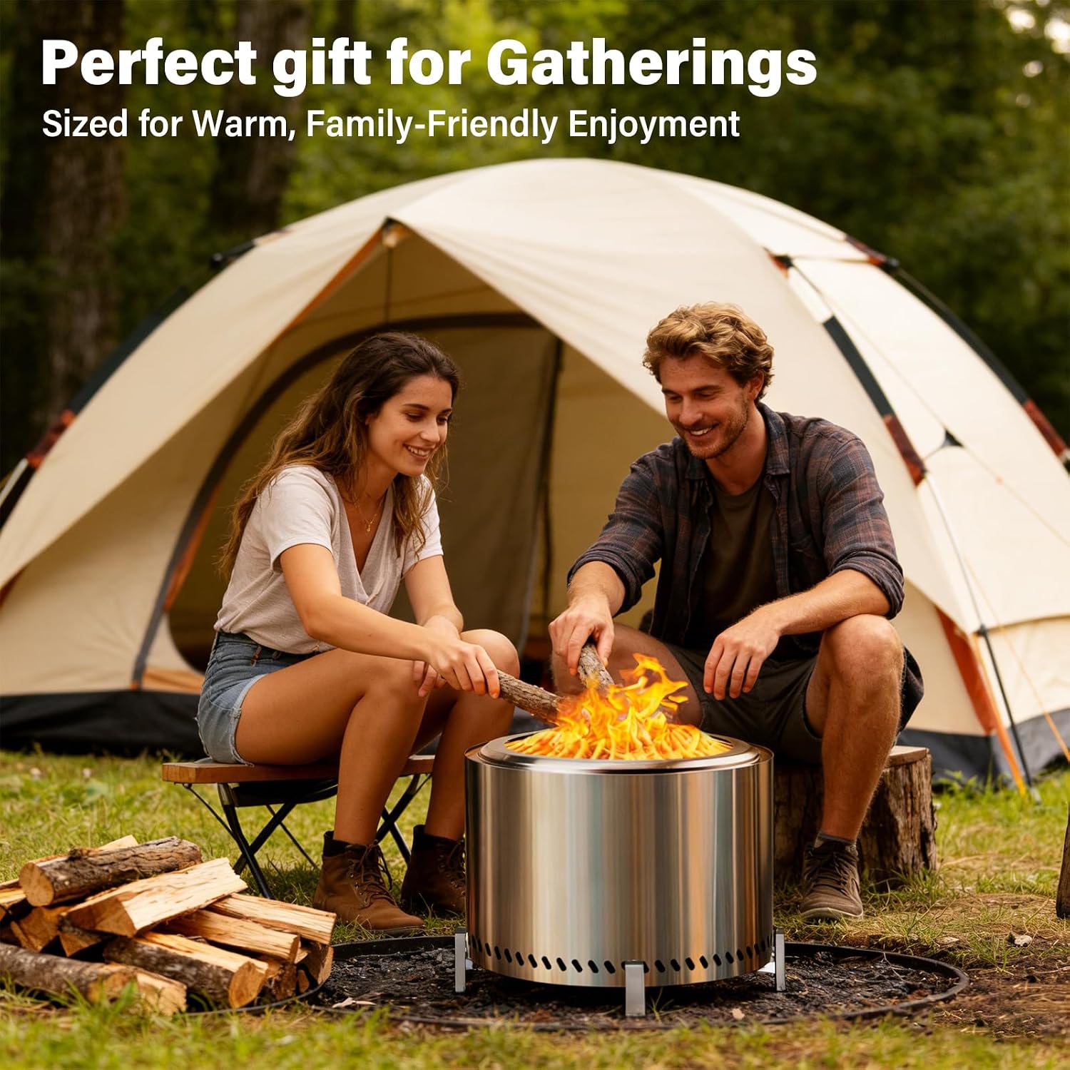 HGD 20 Inch Smokeless Fire Pit with Stand, Stainless Steel Wood Burning Stove, Outdoor Firepit with Removable Ash Pan for Backyard, Patio, Garden, BBQ and Bonfire, Silver