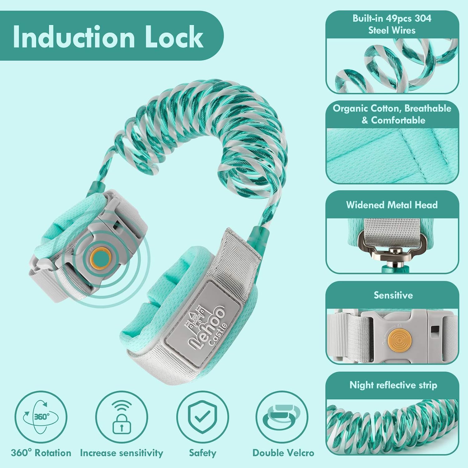 Lehoo Castle Toddler Leash, Wrist Leash for Kids with Induction Lock, Green