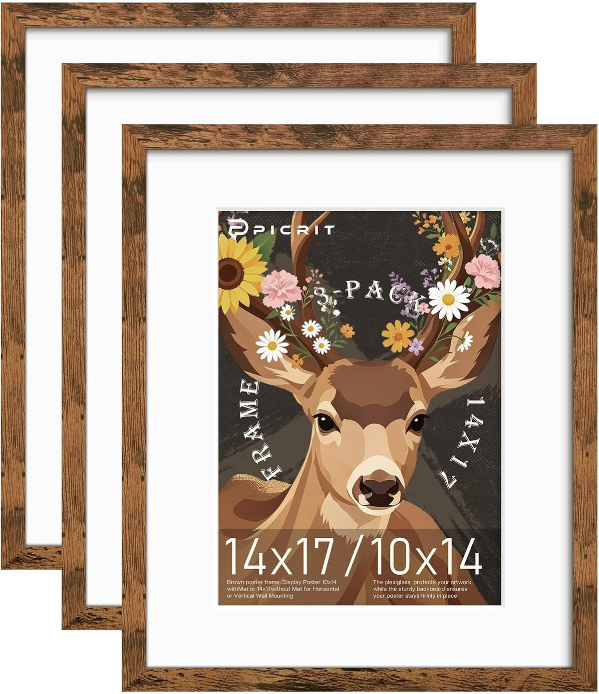 Picrit 14x17 Rustic Brown Picture Frame, Poster Frame for Wall, 3 Pack