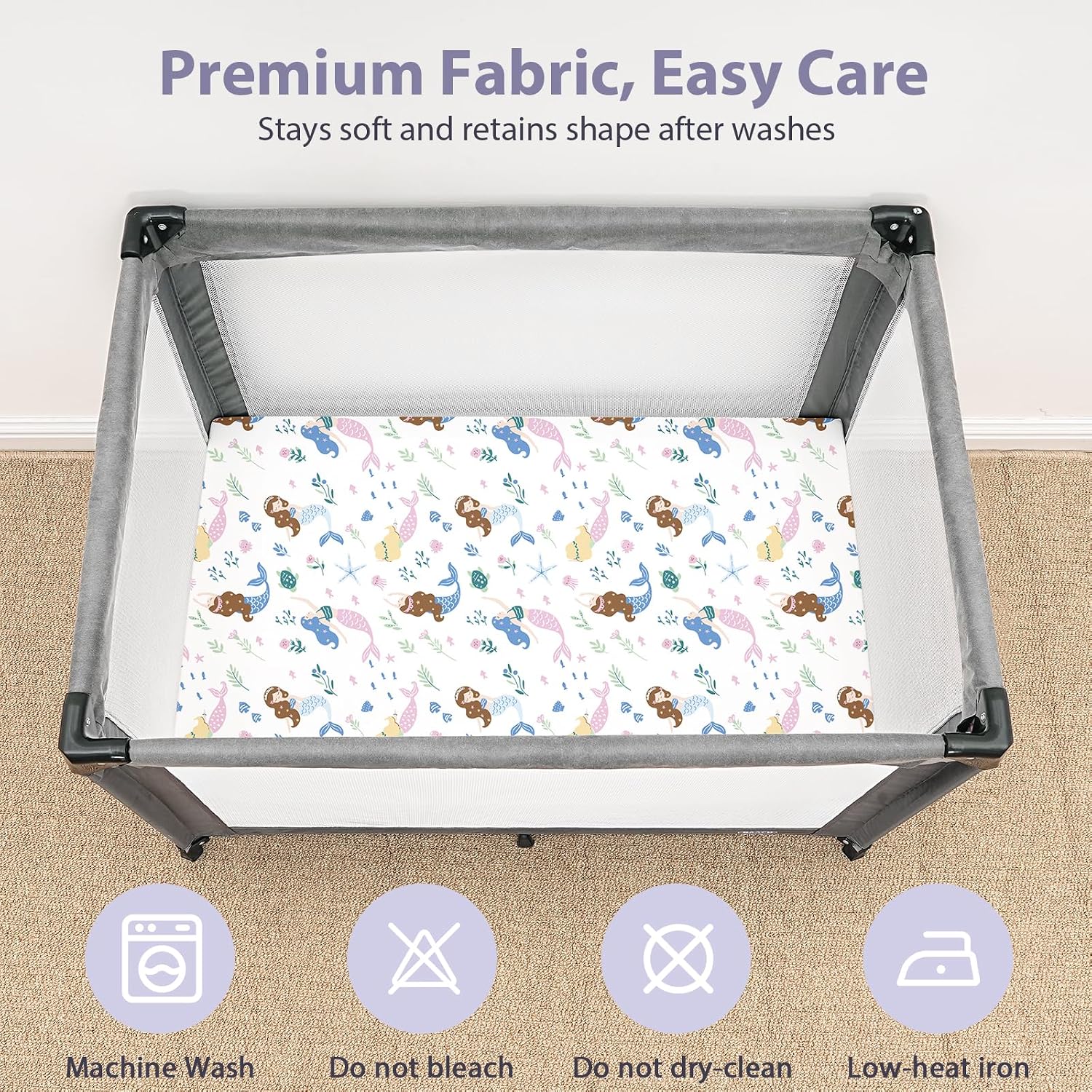 Baby Mini Crib Sheets Girl, Portable 38”x26” Pack and Play Sheets Fitted for Playard and Pack N Play Mattress, 3-Pack Soft Microfiber Purple Mermaid
