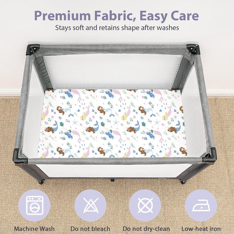 Baby Mini Crib Sheets Girl, Portable 38”x26” Pack and Play Sheets Fitted for Playard and Pack N Play Mattress, 3-Pack Soft Microfiber Purple Mermaid