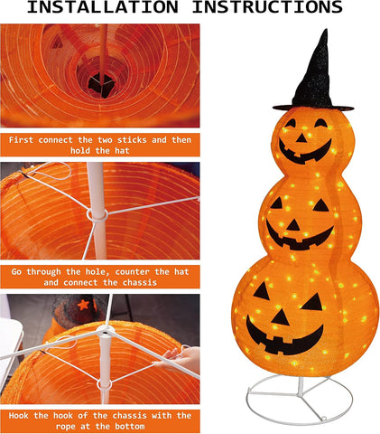 FUNPENY Halloween Collapsible Pumpkin Decorations, Pre-Lit Light Up Pumpkin with Hat, Pop Up Jack-o-Lantern with Metal Stand for Indoor Outdoor Yard Holiday Decor (5FT Pumpkin)