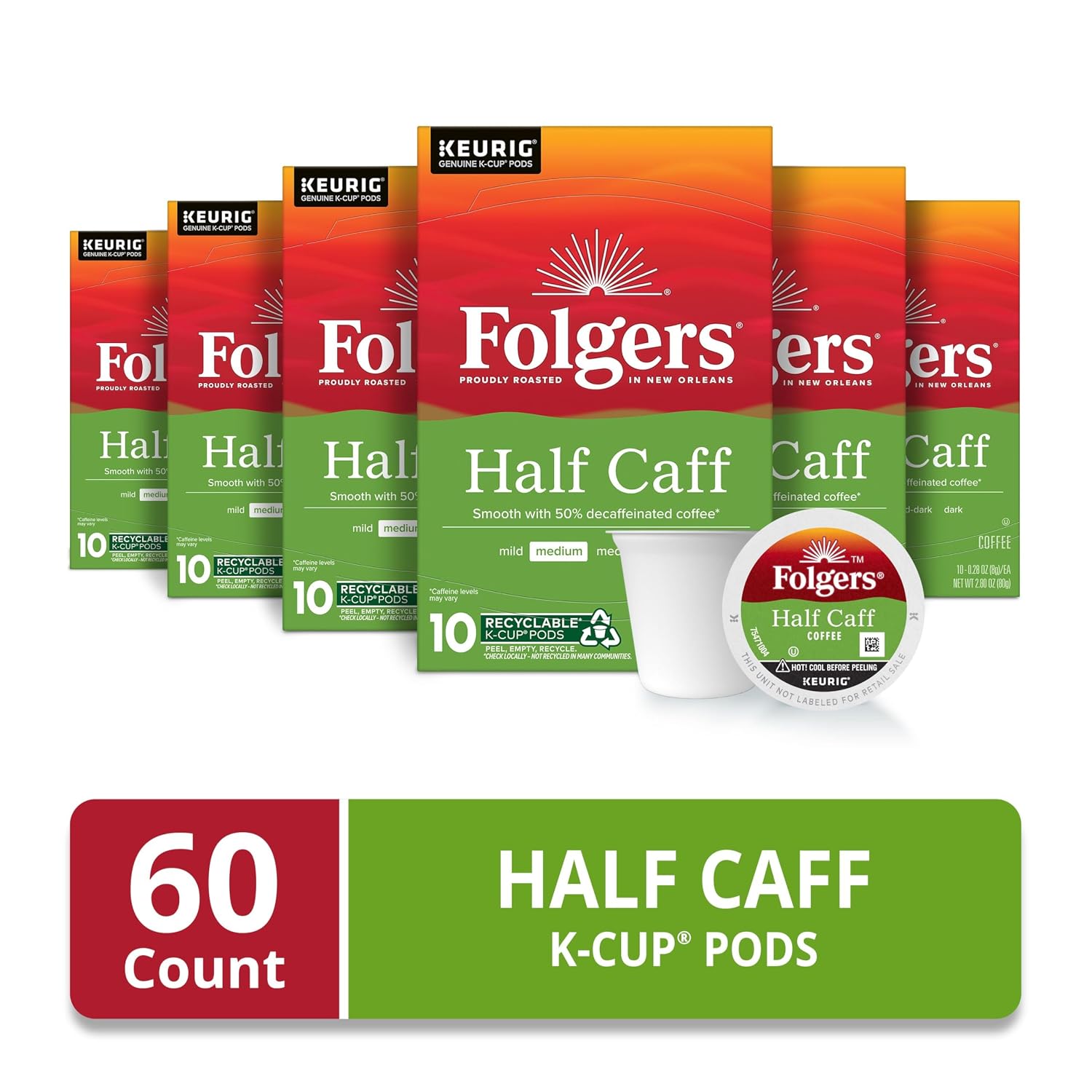 Folgers Half Caff Coffee, Medium Roast, Keurig K-Cup Pods, 60 Count