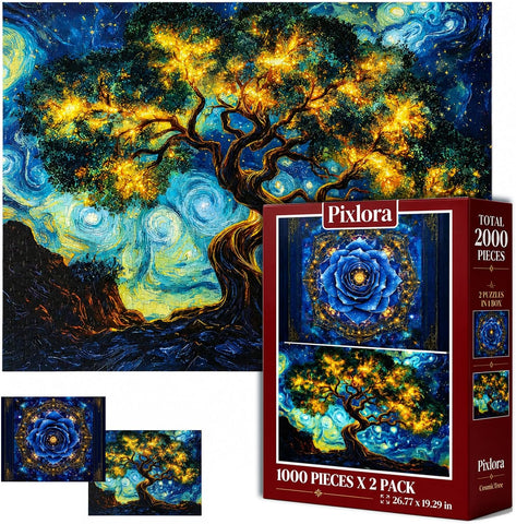 1000 Piece Puzzle for Adults, 2 Pack Botanical and Cosmic Plant Theme, Starry Rose and Tree Design, Challenging Jigsaw Puzzles for Game Night, Ideal for Plant Lovers