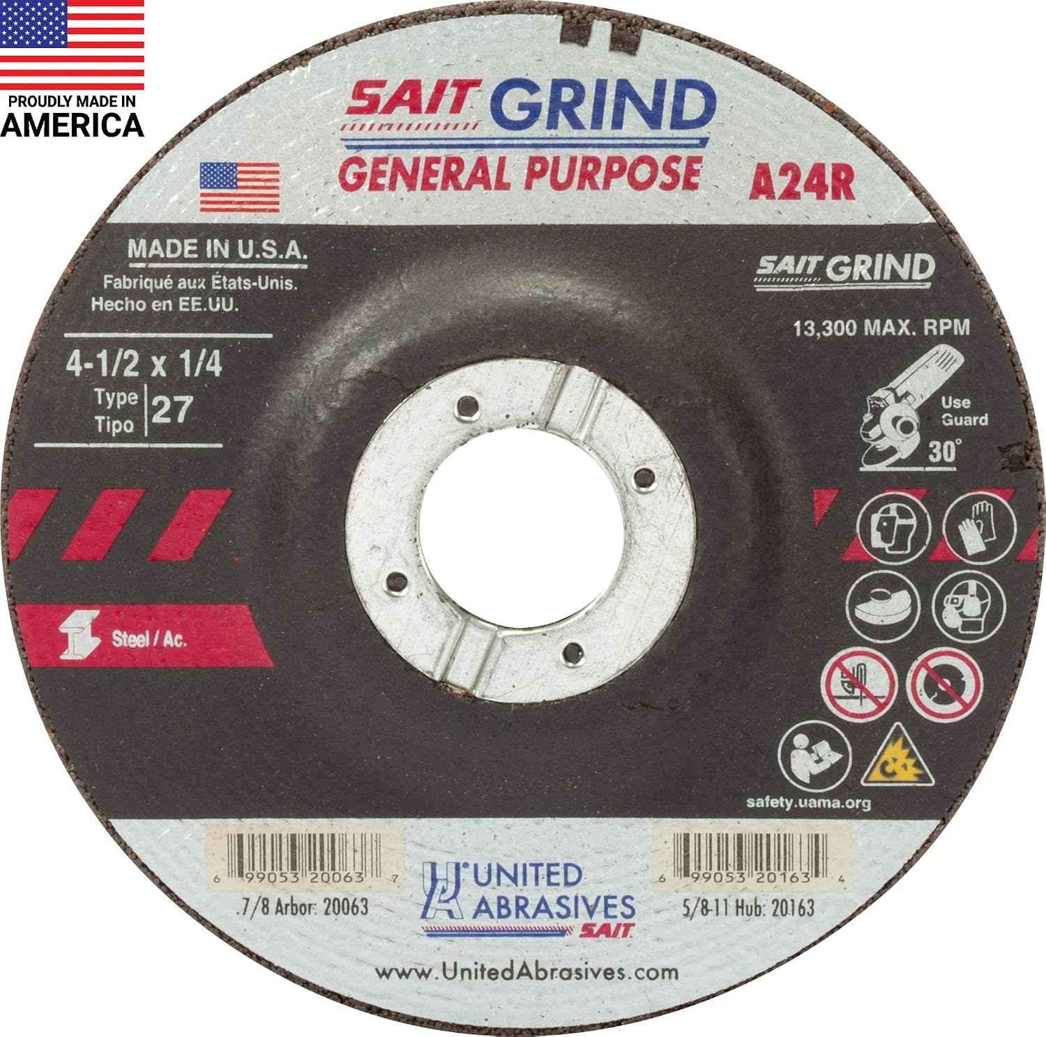 United Abrasives-SAIT 20063 A24R General Purpose/Long Life Grinding Wheel (Type 27/Depressed Center) 4 1/2" x 1/4" x 7/8", 25-Pack