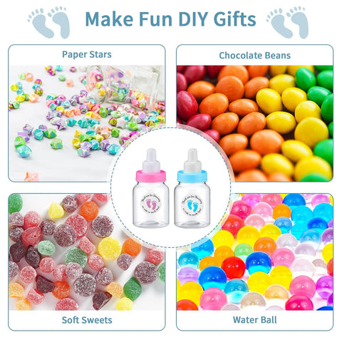 Tondiamo 48 Pcs Blue Pink Baby Shower Mini Bottle Favors 1. 5 x 3. 5 Inch Baby Shower Candy Jar Mini Milk Bottle Party Favor Fillable Gift Boxes for Birthday Party Decorations