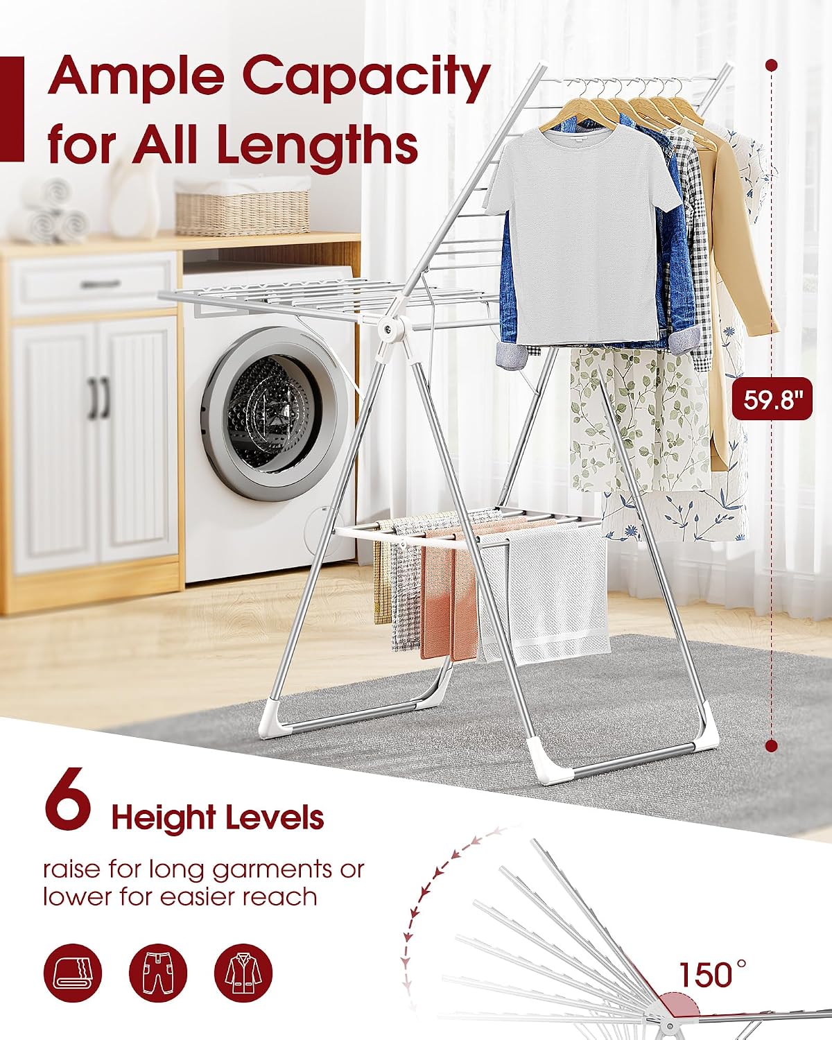 Sakugi Clothes Drying Rack, 55.5" Adjustable Wings, Foldable Design