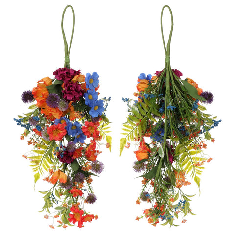 POTRUWE 2Pack Artificial Daisy and Wild Flower Teardrop Wreath, 22.8Inch Fake Flowers Rose and Green Leaves Spring Summer Teardrop Swags for Front Door Indoor Outdoor Window