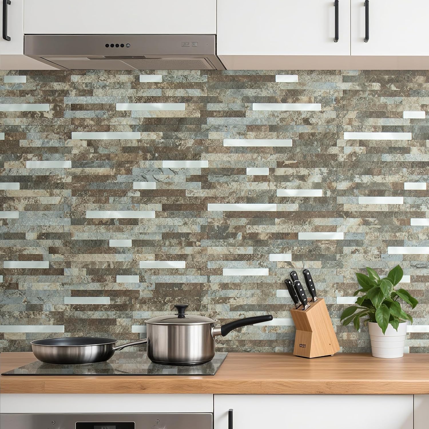 AULIGET 2 Sheets Beige & Brown Slate Peel and Stick Backsplash, PVC Mixed Metal Silver Wall Tile Stick on Backsplash for Kitchen and Bathroom
