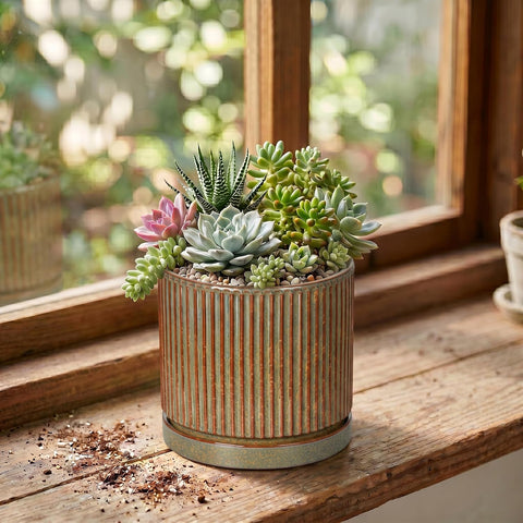 4 Inch Pots for Plants, Ceramic Plant Pots with Saucer, Retro Brown