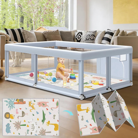 Fshibila 65" ×50" Large Baby Playpen with Mat, Baby Playard for Babies and Toddlers, Play Pens for Indoor & Outdoor, Sturdy Safety Play Yard with Soft Breathable Mesh, Anti-Fall, Grey