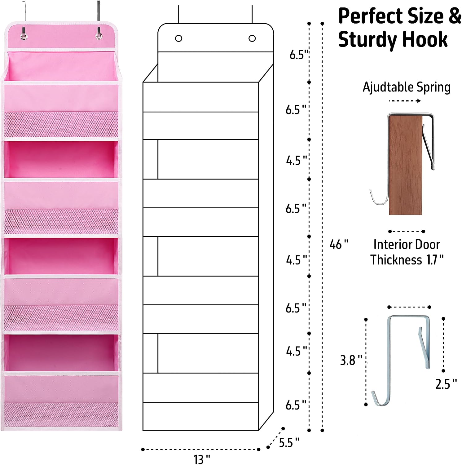 Giraffe Creation Pink Over Door Organizer with 4 Front Pockets, Compact Hanging Door Storage for Nursery, Bedroom, Bathroom, Closet, Baby Essentials