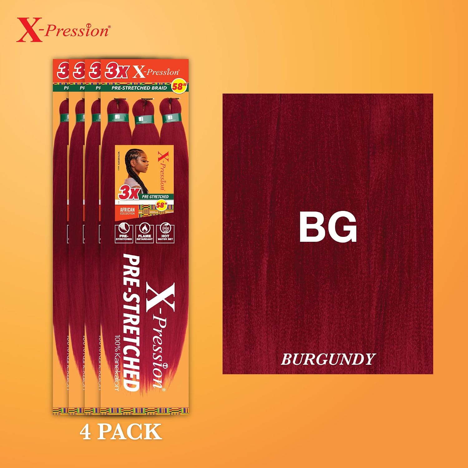 Sensationnel X-Pression Prestretched Braids-3X 58in,4pk BG BURGANDY