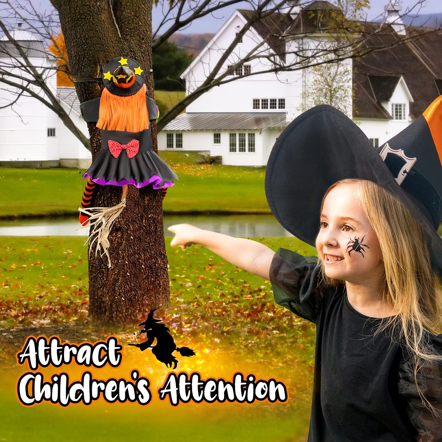 Halloween Decorations Outdoor Crashing Witch: 44'' Flying Crashed Witches Hanging into Tree - Halloween Decor for Yard Garden Porch