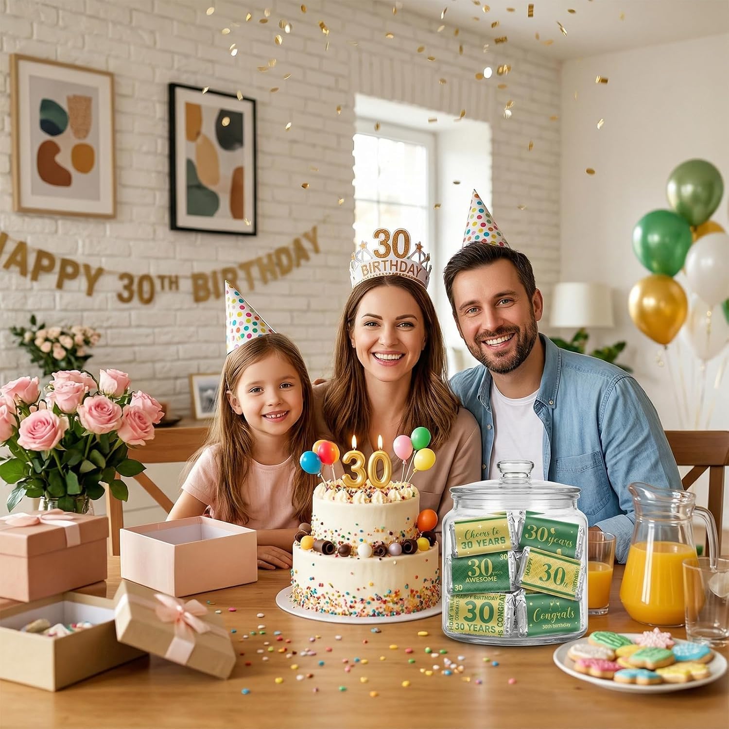 Tenare 90 Pcs 30th Birthday Candy Wrappers, Green and Gold Stickers