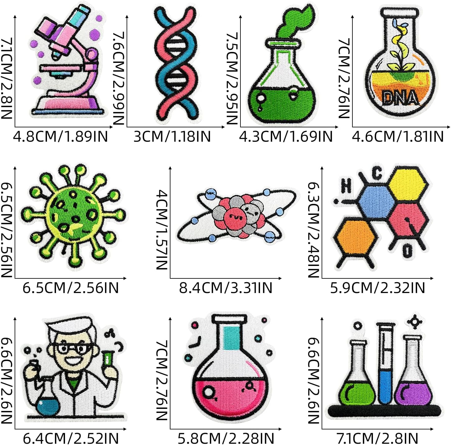 10 Pcs Science Laboratory Iron on/Sew on Patches, Back to School Embroidered Applique Patches, Clothes Backpacks Hats Pants Jackets Jeans Decoration, Student Classroom Prizes