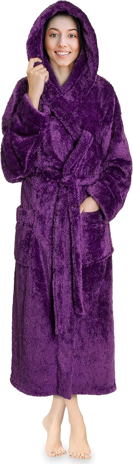 PAVILIA Womens Hooded Sherpa Fleece Robe, Long Plush Bathrobe Spa Housecoat