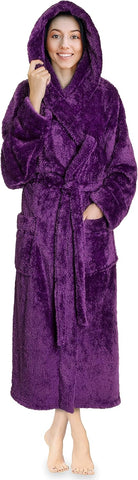 PAVILIA Womens Hooded Sherpa Fleece Robe, Long Plush Bathrobe Spa Housecoat