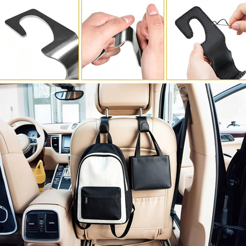 EldHus Headrest Hooks for Purses and Bags, 2 Pack Car Seat Hooks for Grocery Bag Handbag, Metal Car Purse Holder Covered by Leather, Black