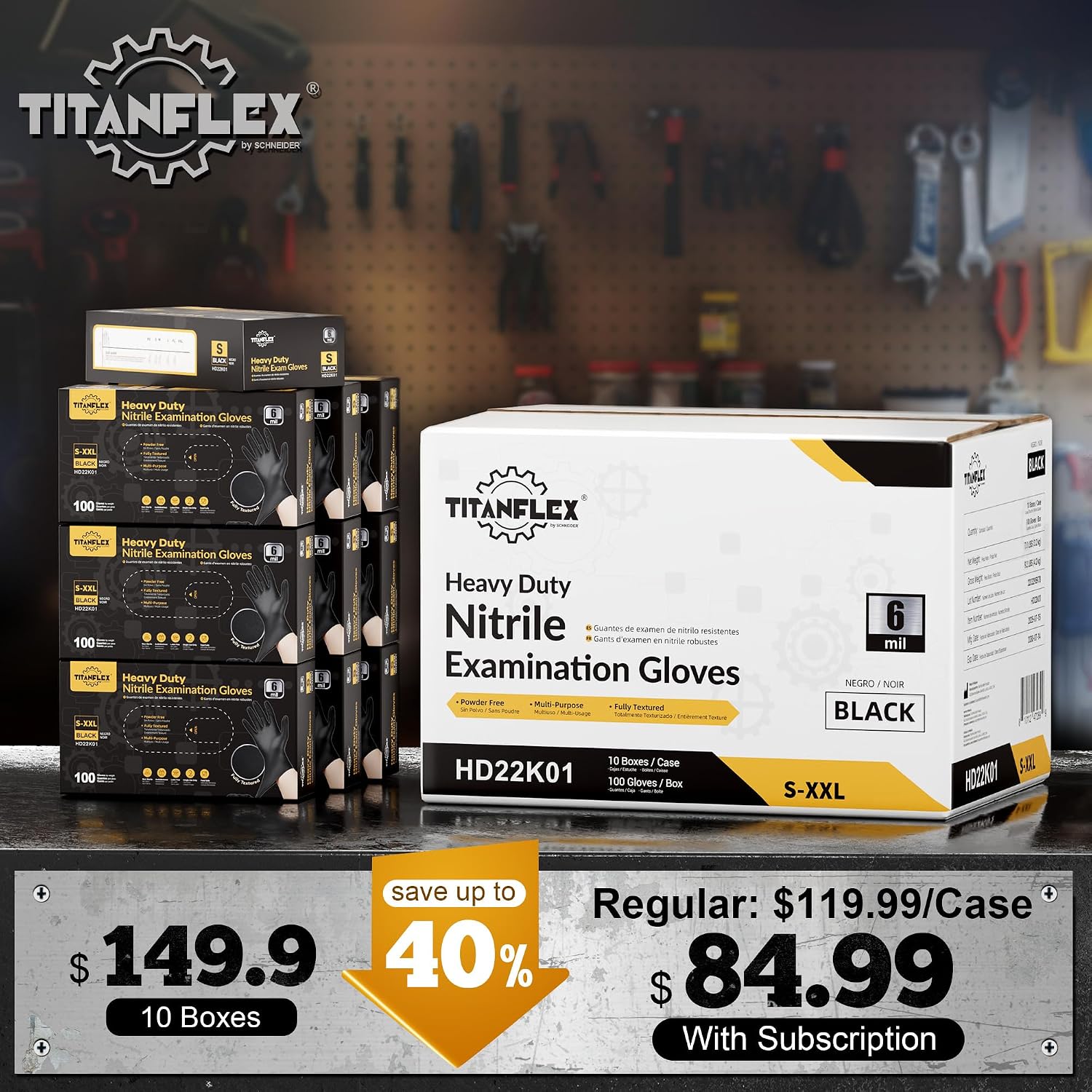 TitanFlex Heavy Duty Black Nitrile Gloves, 6 Mil, Fully Textured, Mechanic Disposable Gloves, Latex Free, Powder Free