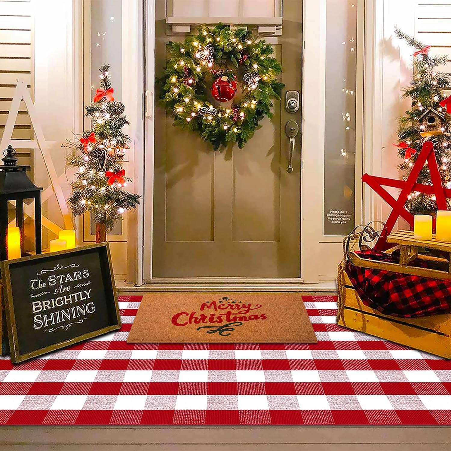 Christmas Red and White Plaid Rug, 4' x 6' Cotton Hand-Woven Layered Door Mat for Front Porch, Entryway, Outdoor Holiday Decor, Washable Buffalo Check Rug for Home, Patio, Kitchen