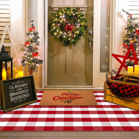 Christmas Red and White Plaid Rug, 4' x 6' Cotton Hand-Woven Layered Door Mat for Front Porch, Entryway, Outdoor Holiday Decor, Washable Buffalo Check Rug for Home, Patio, Kitchen
