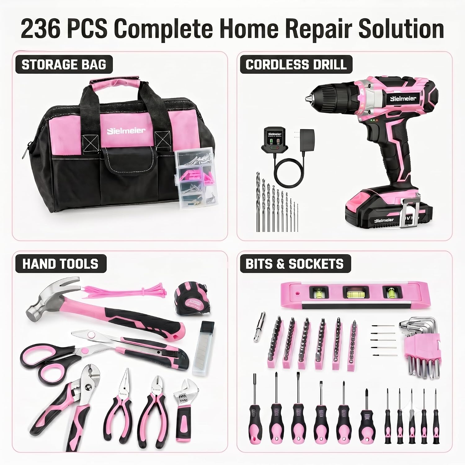 Bielmeier 20V 236Pcs Cordless Pink Drill Set for Women, Home Tool Kit