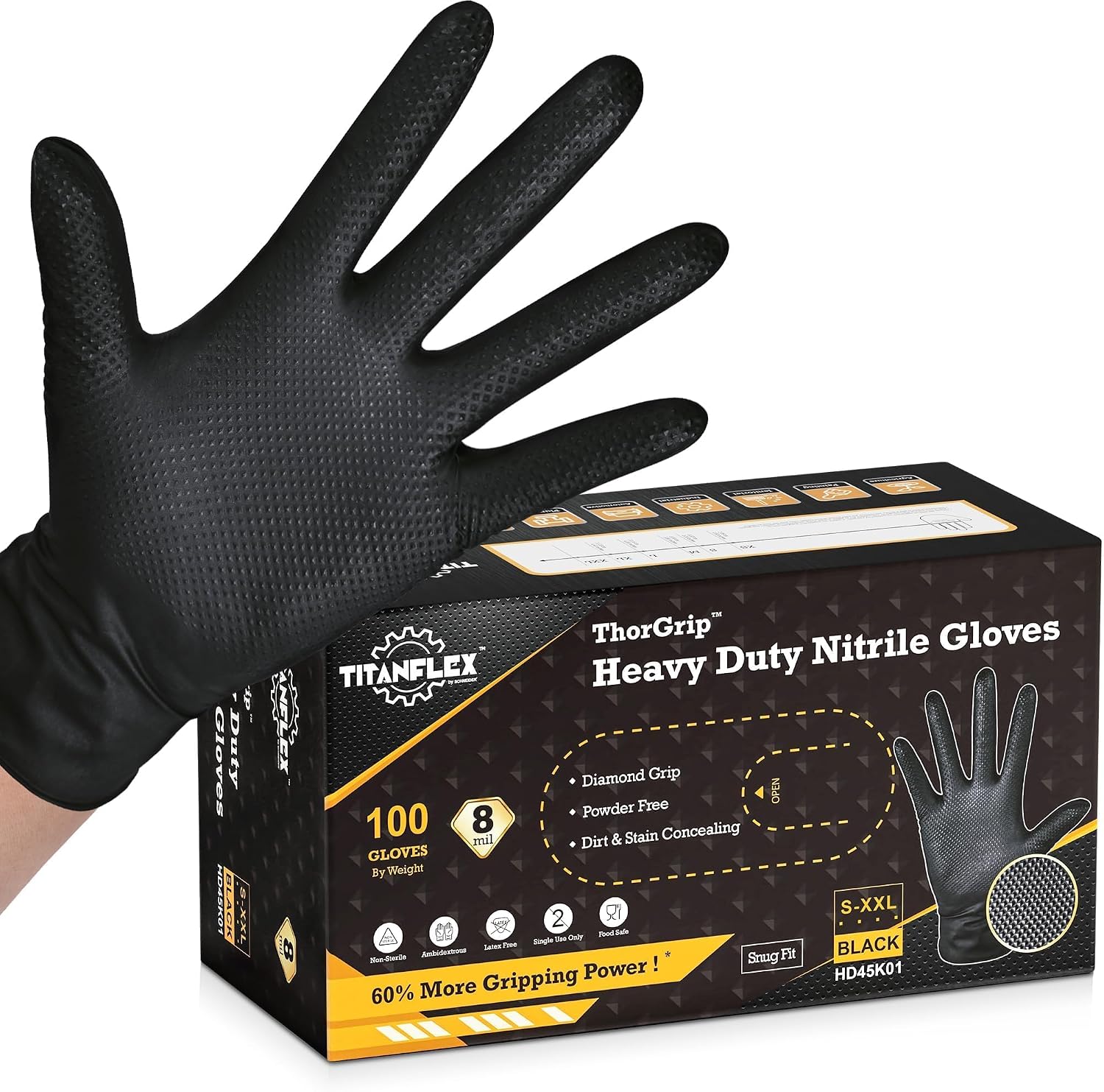 TitanFlex Heavy Duty Black Industrial Nitrile Gloves with Raised Diamond Texture, Latex Free 8mil