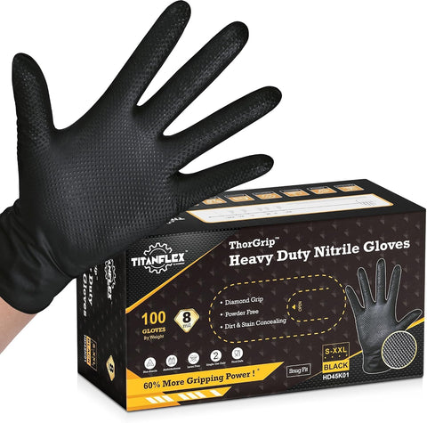 TitanFlex Heavy Duty Black Industrial Nitrile Gloves with Raised Diamond Texture, Latex Free 8mil