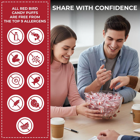 Red Bird Soft Peppermint Puffs Bulk Case, 20 lb Individually Wrapped Mints in Clear Wrapper (Red Stripes Visible), Soft Candy for Offices, Receptions, Restaurants, Made in USA Since 1890