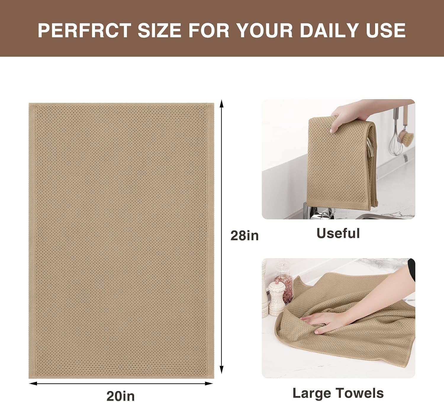 Homaxy 100% Cotton Oversized Waffle Weave Kitchen Towels 6-Pack, Tan